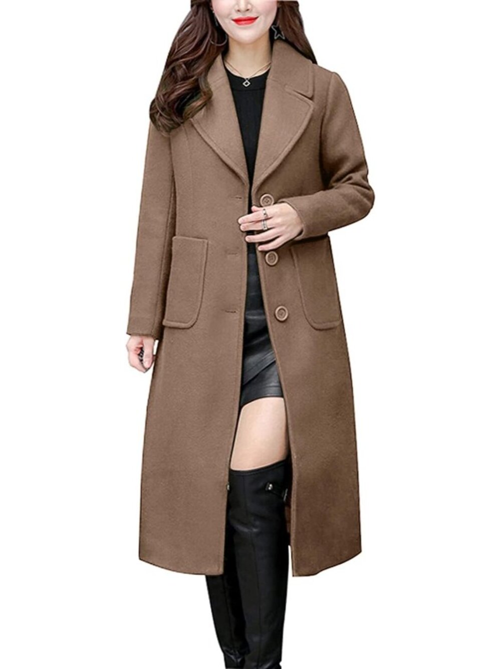 Women's Khaki Notch Lapel Single Breasted Mid Long Sleeve Wool Blend Coat